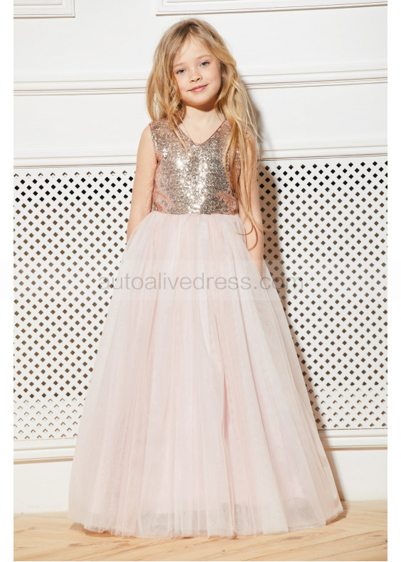 Rose Gold Sequin Blush Pink Tulle Classic Long Flower Girl Dress